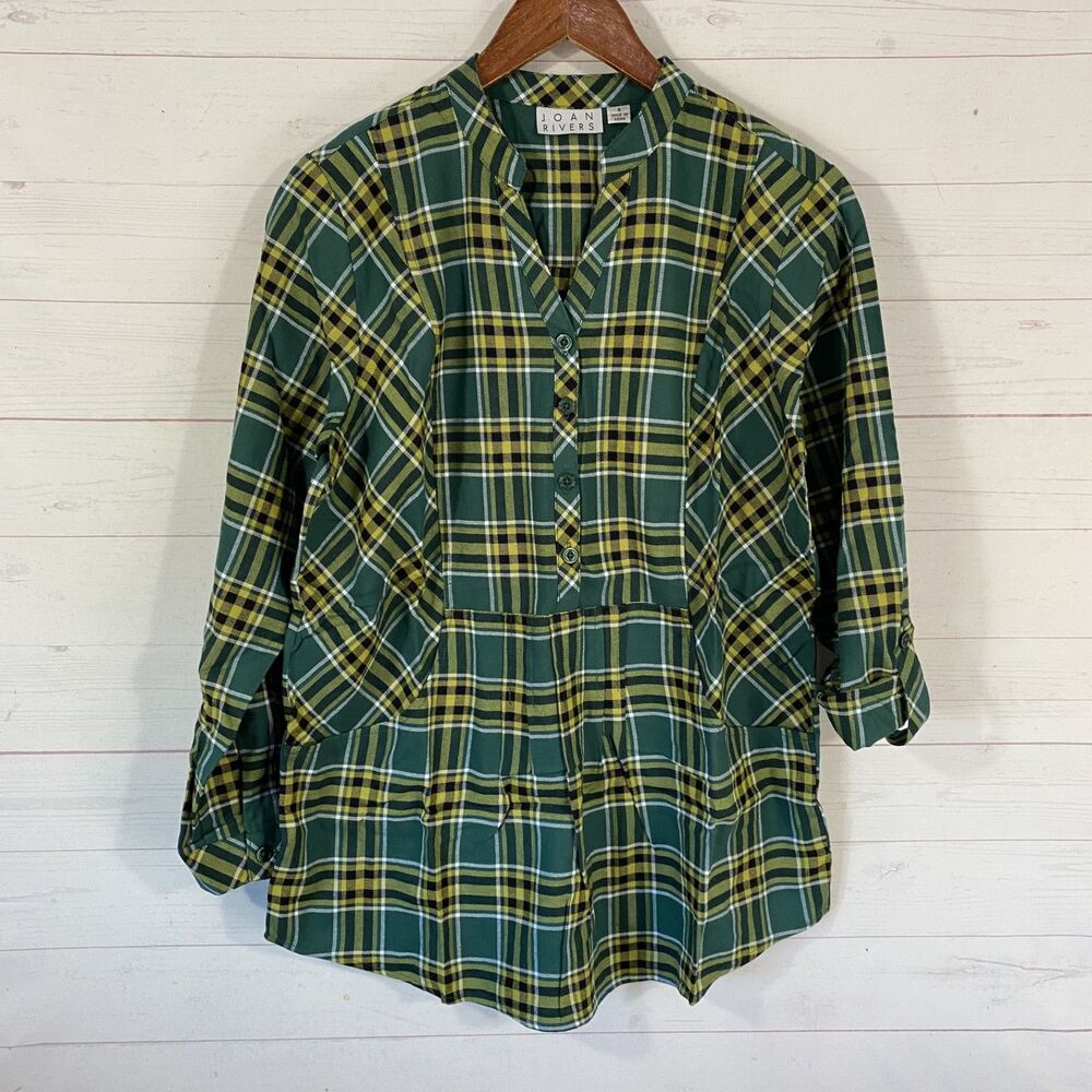 Joan Rivers Womens Roll Tab Sleeve Plaid Flannel Shirt Sz 8 Green Cotton Popover